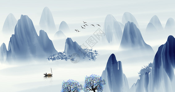 小鸟动图素材写意新中式中国风蓝色山水画插画