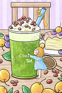 饮品桌子夏日奶茶插画