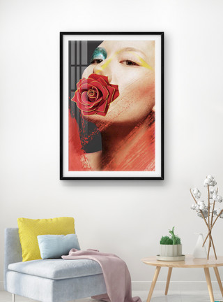 人物现代素材肌理现代轻奢晶瓷摩登美女人物玫瑰花客厅玄关模板
