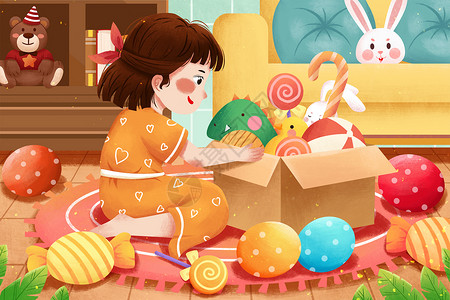 橘子糖六一儿童节女孩与玩具插画插画