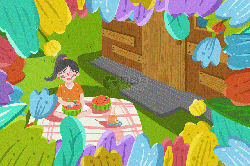 夏至小女孩户外野餐吃西瓜图片