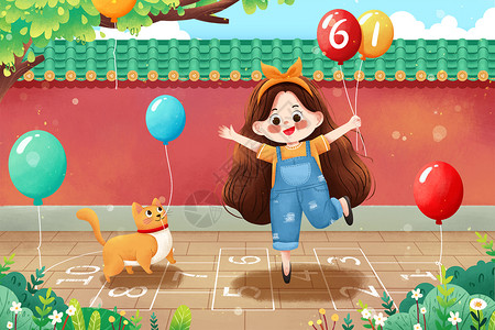 水景墙六一儿童节拿着气球女孩与猫插画插画