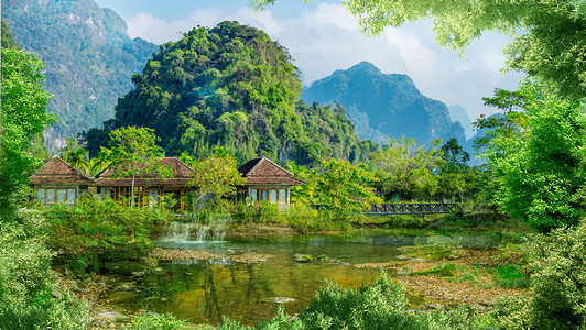 流经村庄的河流森林风景设计图片