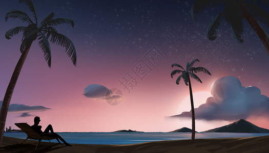 沙滩海景素材夏季黄昏的海边插画