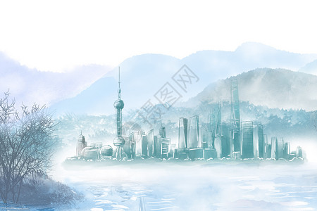 雪上海水彩地标建筑插画