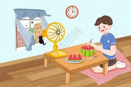 夏季吃瓜的男孩夏季宅在家中吃瓜的男孩插画