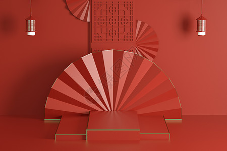 桃树折扇红色折扇展台背景设计图片