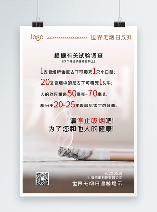 健康危害简洁世界无烟日主题宣传海报模板