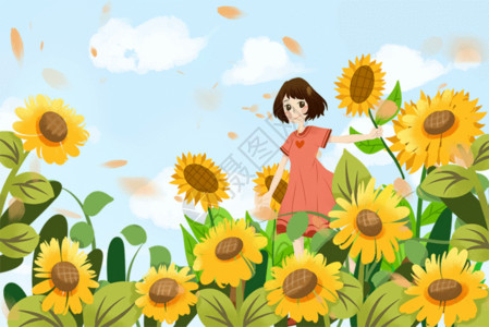 向日葵旁少女夏日葵花中的女孩GIF高清图片