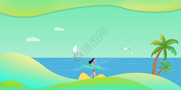 海边散步的女孩小清新夏日渐变背景设计图片