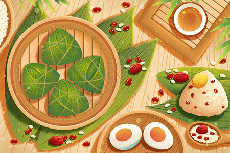 吃蜂蜜端午节美味粽子插画插画