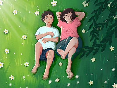 夏天躺在草坪上的男孩女孩插画