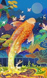 仙鹤纹样国潮风手绘年年有鱼插画