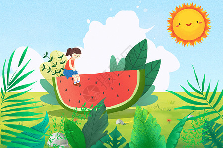 夏季吃瓜的男孩夏季坐在西瓜上的女孩插画