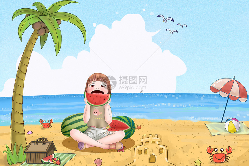 坐在沙滩上吃瓜的女孩图片