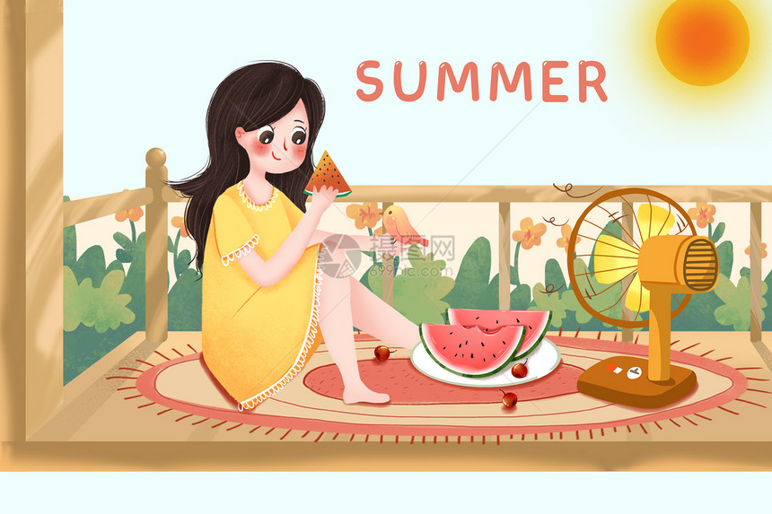 夏季在家吃瓜的女孩图片