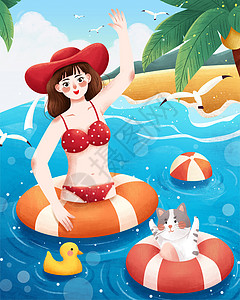 夏天游泳女孩与猫插画高清图片