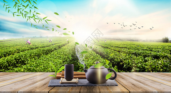 石桌茶具茶园背景设计图片