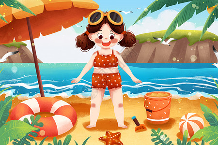 吨桶夏季沙滩上玩耍女孩插画插画