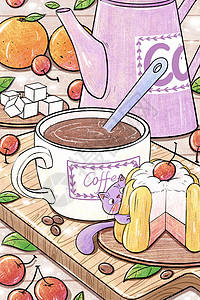 下午茶手机咖啡甜品插画