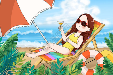 海边渡假沙滩上的女孩插画