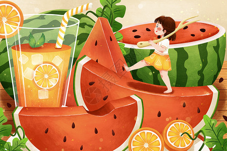 西瓜视频夏季吃西瓜喝饮料插画插画