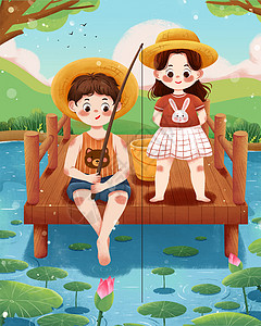 钓鱼女孩夏季孩子们钓鱼插画插画