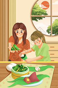 卡通清新端午节包粽子插画图片