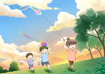 一群小孩放风筝六一儿童节放风筝插画