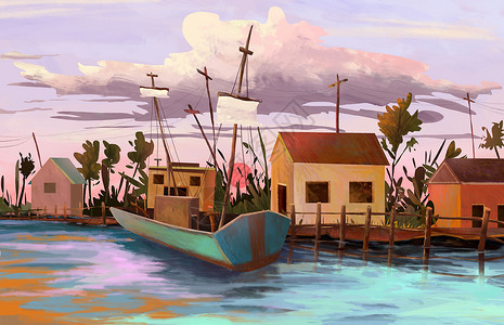 渔民小屋夏天的渔港插画