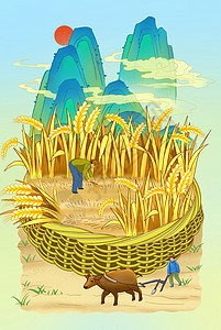 农家对虾24节气芒种中国风插画