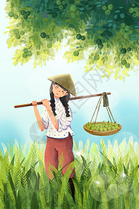 提篮子的妇女干农活的农夫插画