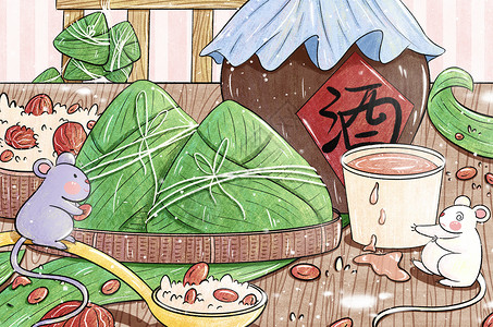 吃粽子的老鼠清新手绘粽子插画