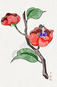 红色小花背景海报山茶花和穿裙子的小花仙插画