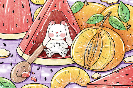 西瓜桌面兔子与西瓜插画