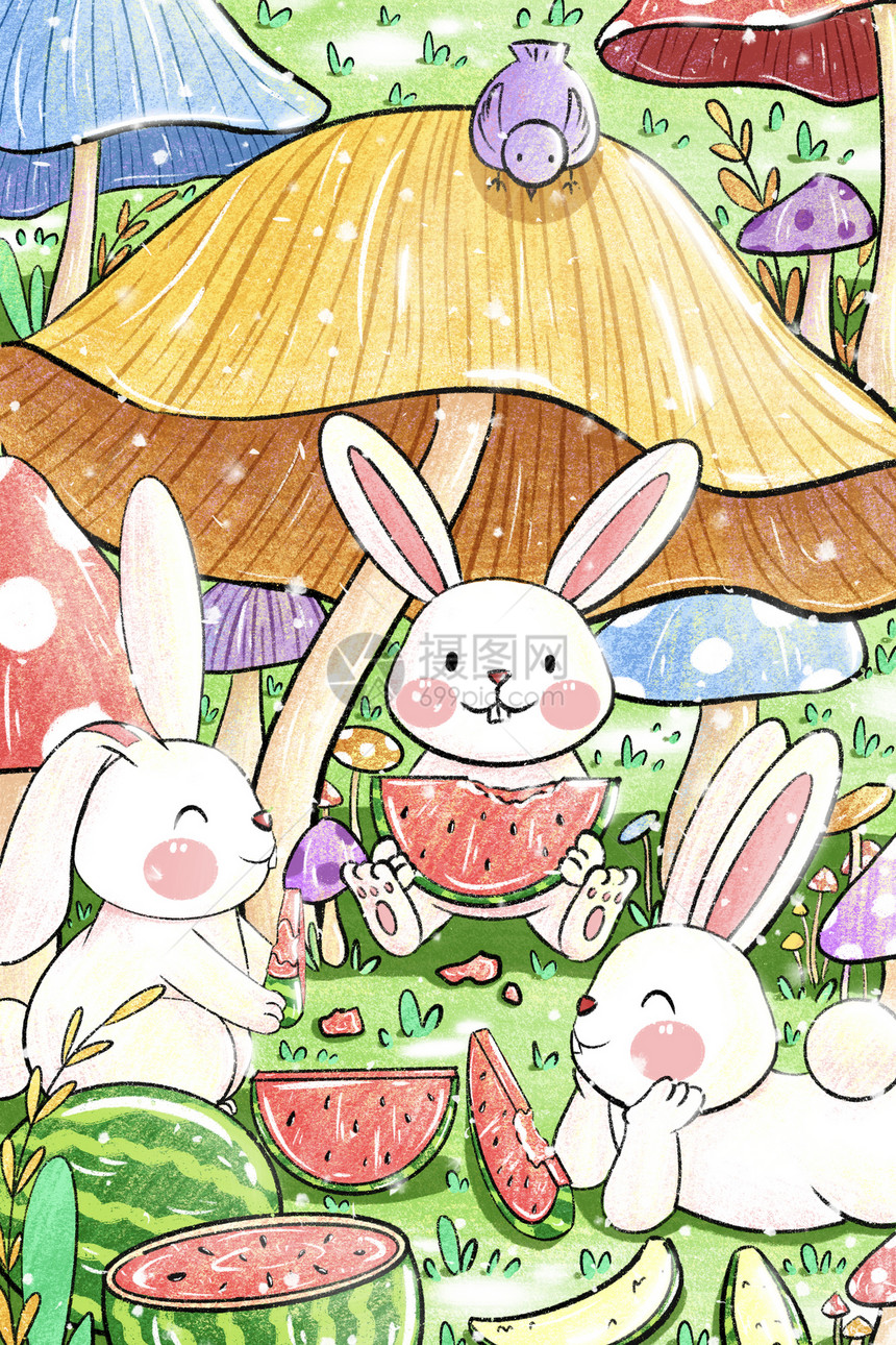 小兔子一起吃西瓜图片
