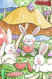 小兔子一起吃西瓜背景图片