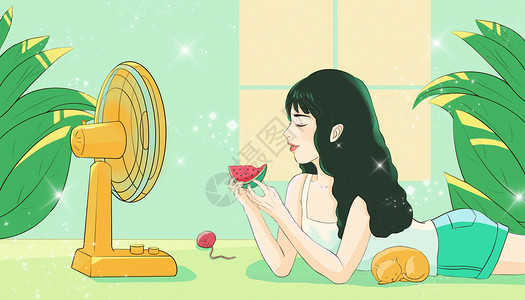 清新系夏季吹风扇吃西瓜高清图片