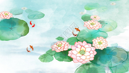 夏天的红鲤鱼中国风荷花设计图片