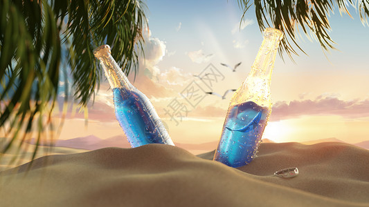 夏日沙滩啤酒瓶夏日创意沙滩饮料设计图片