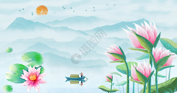 夏天的红鲤鱼中国风背景设计图片