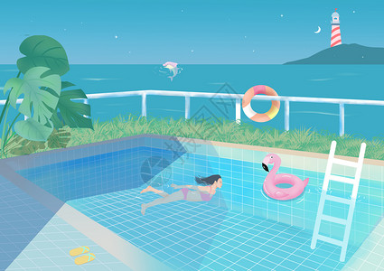 美女泳池清凉的夏天游泳池插画