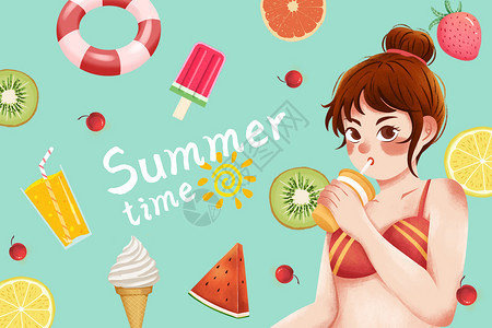 喝饮料的冰淇淋夏季喝饮料的少女插画