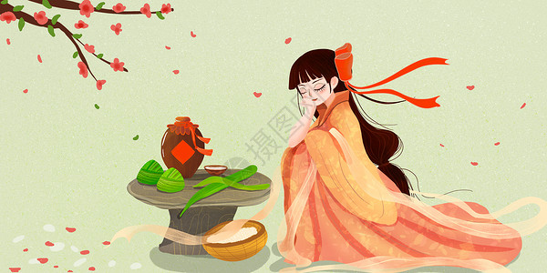 唯美漂浮的树叶免费下载端午节包粽子打瞌睡的女子插画
