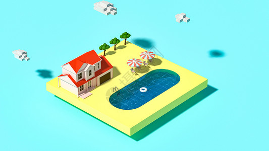 夏天小清新房子3D立体风夏日场景设计图片