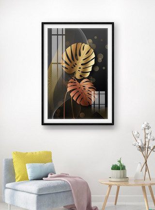 桃金娘科植物轻奢抽象金色质感龟背竹装饰画模板