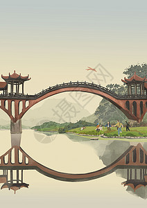 乐山峨眉山河上古桥与踏青人群插画