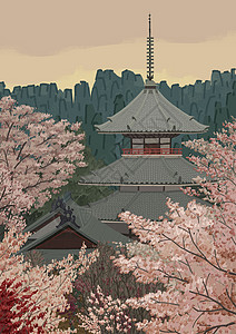 日式饰品海报日本樱花与古塔插画