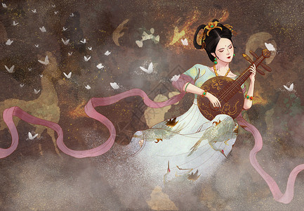 中国风岩彩飞天弹月琴仙女背景图片