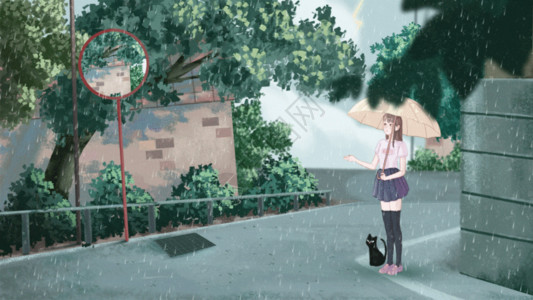 雨中漫步插画夏季高温暴雨梅雨路边躲雨插画GIF高清图片
